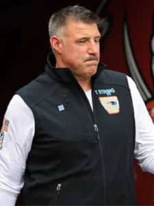 Mike Vrabel New England Patriots v Tampa Bay Buccaneers Black Zip-Up Vest 2025 Charlotte, North Carolina with “T Strong” Logo Sideline