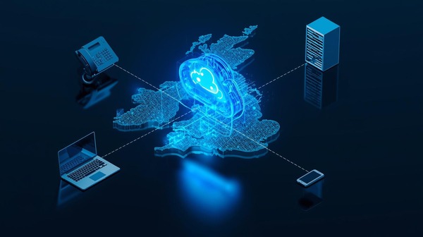 Cloud communication concept with glowing cloud icon, connected VoIP symbols and London skyline representing UK telecom network solutions.