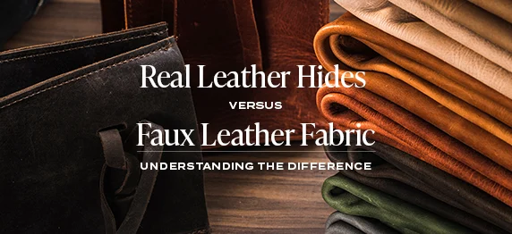 Leather vs Faux Leather – stacked hides and fabric showcasing real leather hides beside faux leather fabric
