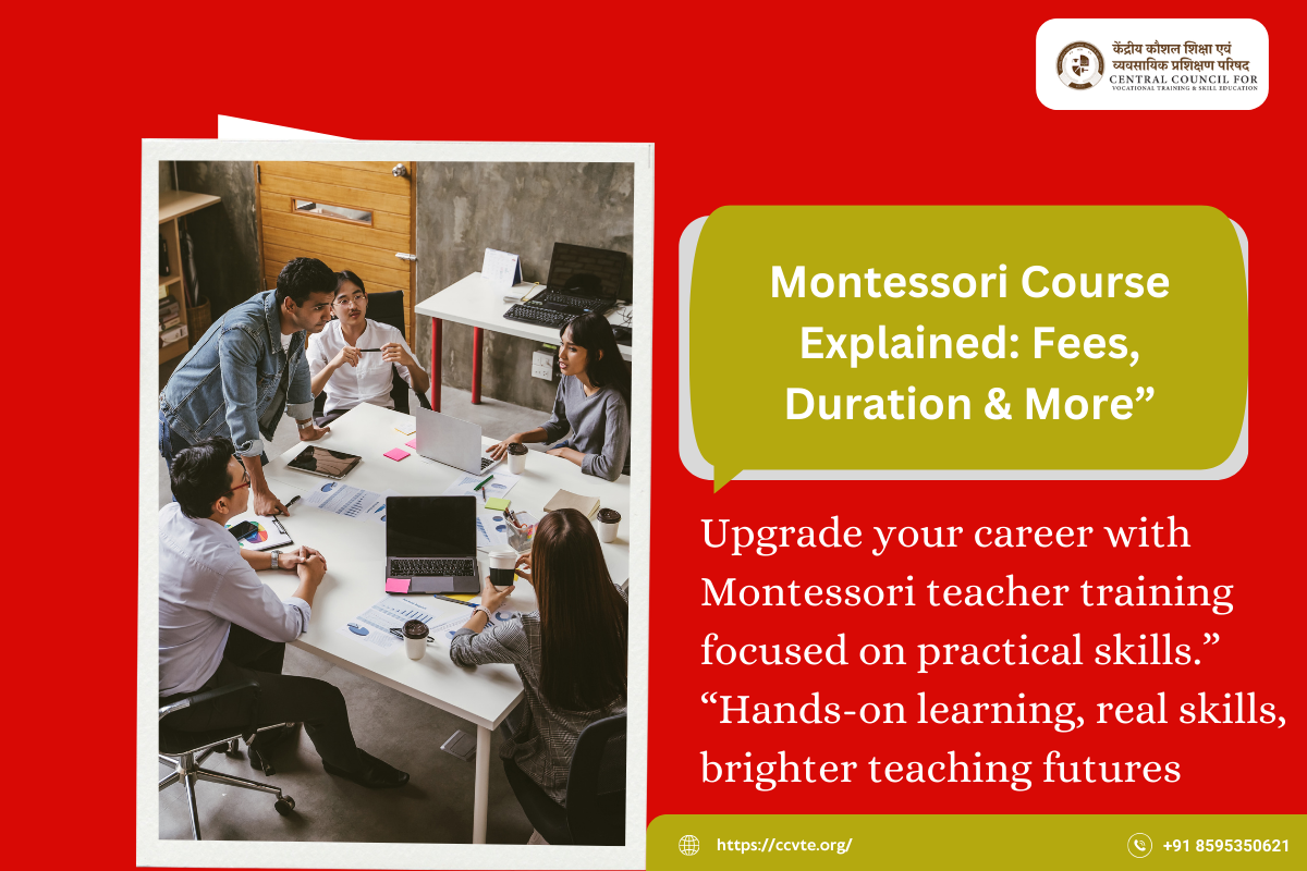 "Students engaged in hands-on Montessori teacher training at CCVTE, learning child-centered education techniques and practical classroom skills."