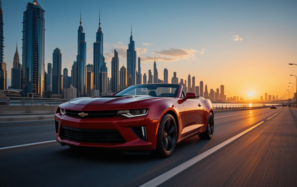 Chevrolet Camaro convertible car rental in Dubai Marina with city skyline and luxury lifestyle vibe.