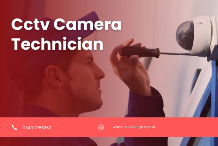 CCTV technician installing a camera, representing skills learned in a CCTV technician course.
