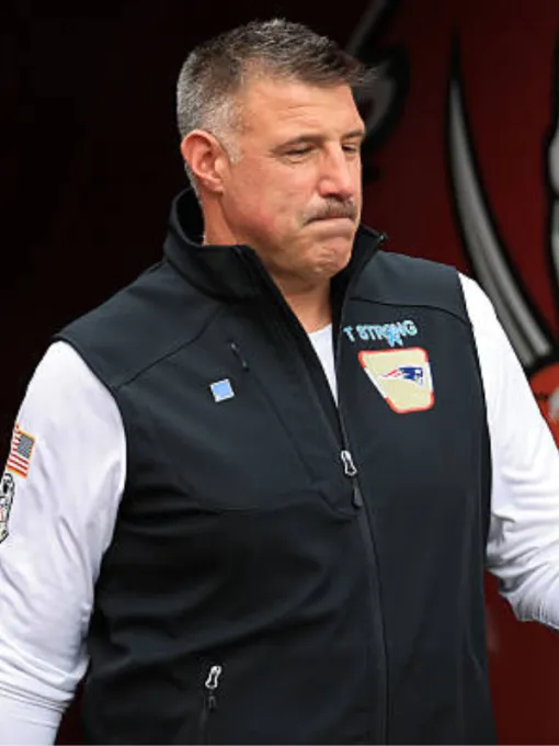 Mike Vrabel New England Patriots v Tampa Bay Buccaneers Black Zip-Up Vest 2025 Charlotte, North Carolina with “T Strong” Logo Sideline