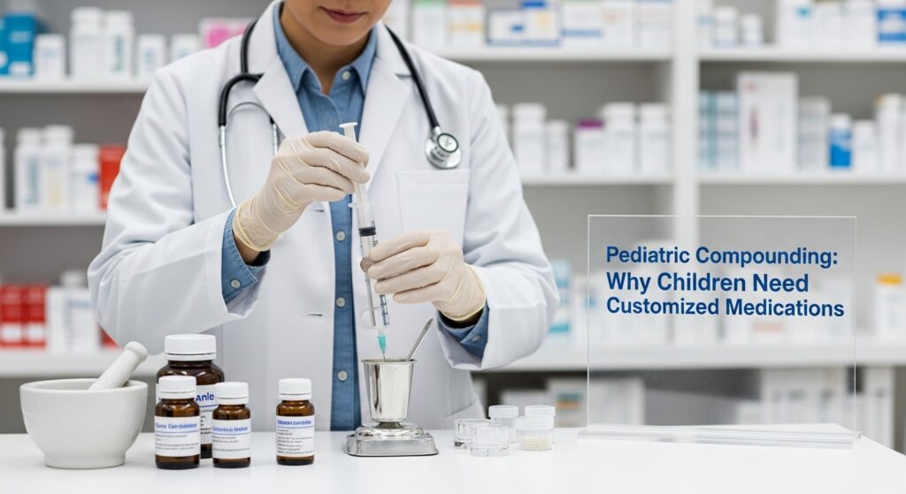 Pharmacist preparing customized pediatric medication in a compounding pharmacy