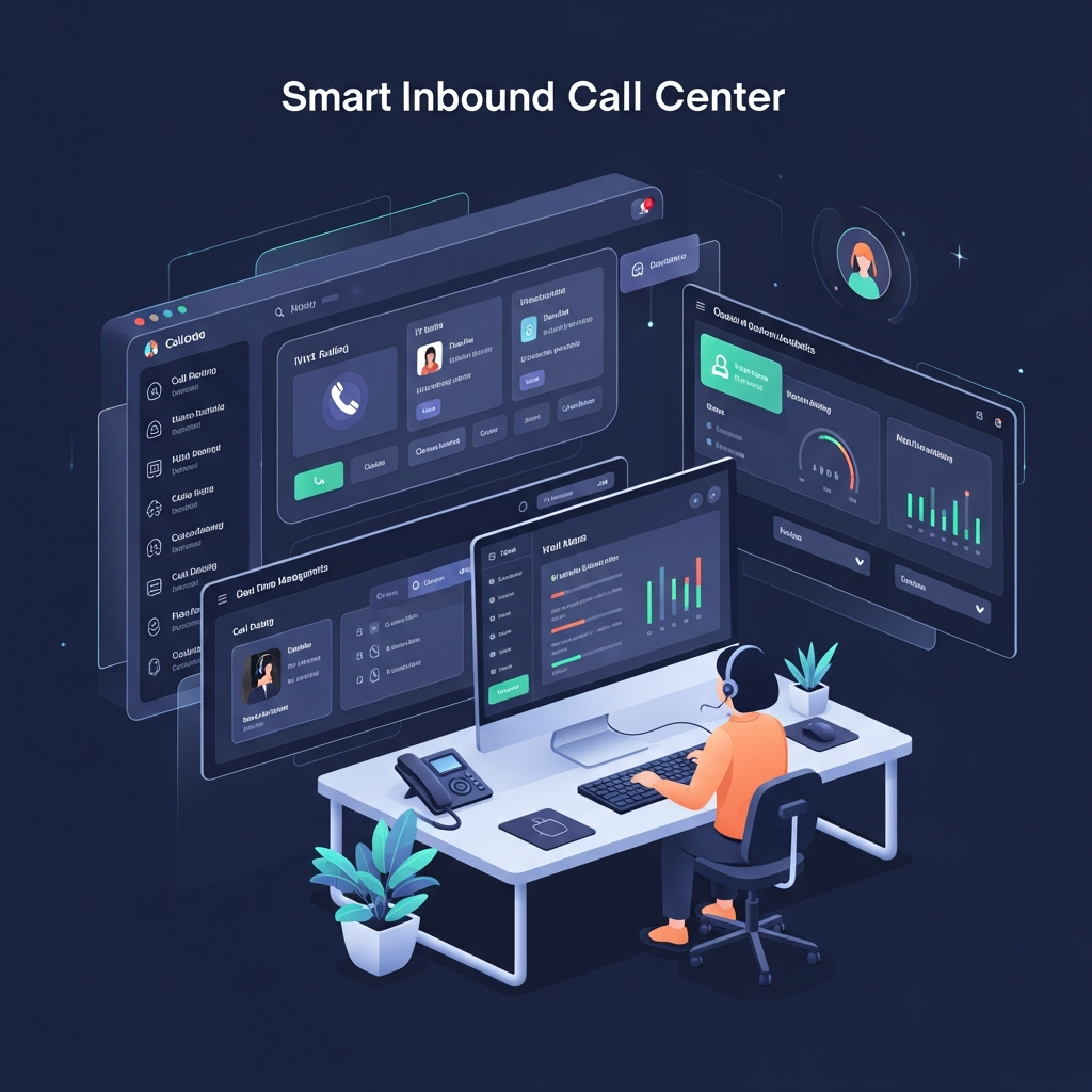 Illustration of an inbound call center software dashboard with call routing, IVR, queue management, and real-time support analytics.