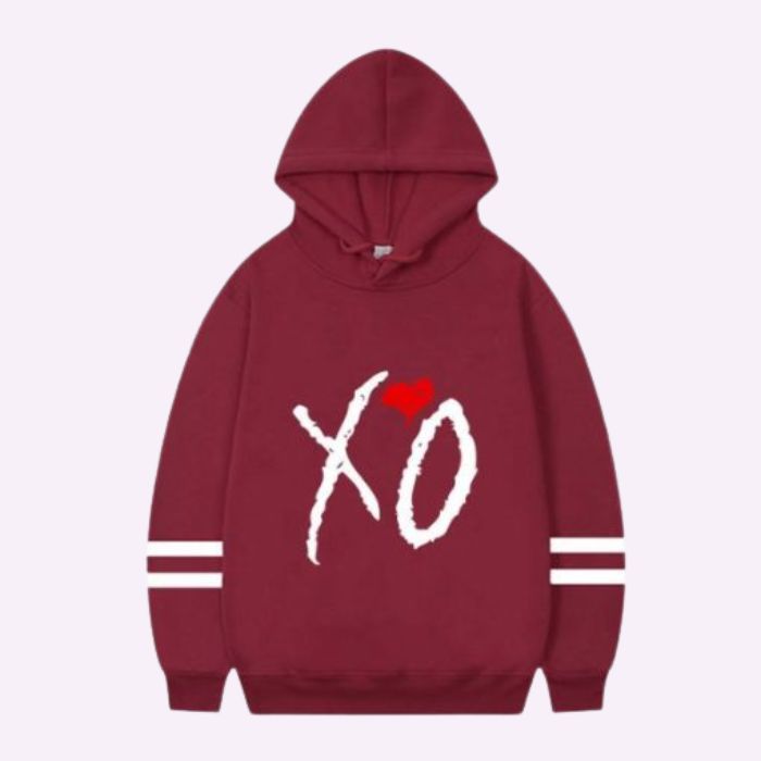 The Weeknd Xo Maroon Hoodie With Red Heart Andwhite Logo
