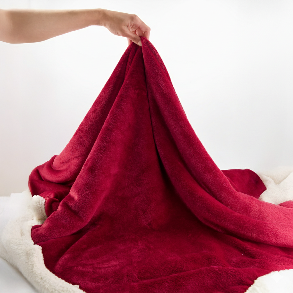 A hand lifts a deep red plush blanket with a white sherpa lining, draped over a soft surface against a white background.
