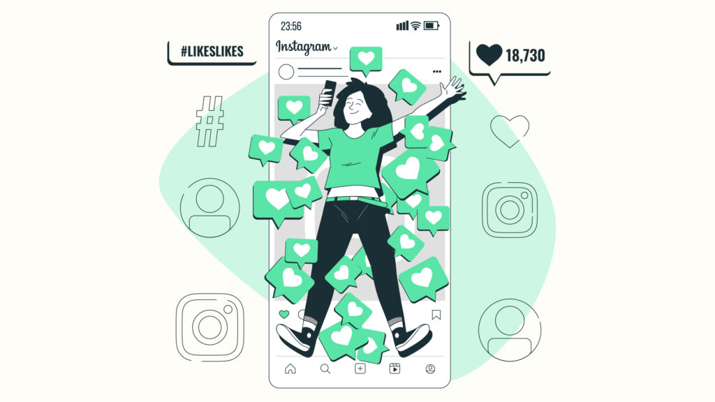 Instagram user engagement illustration showing likes and social media activity on a smartphone.