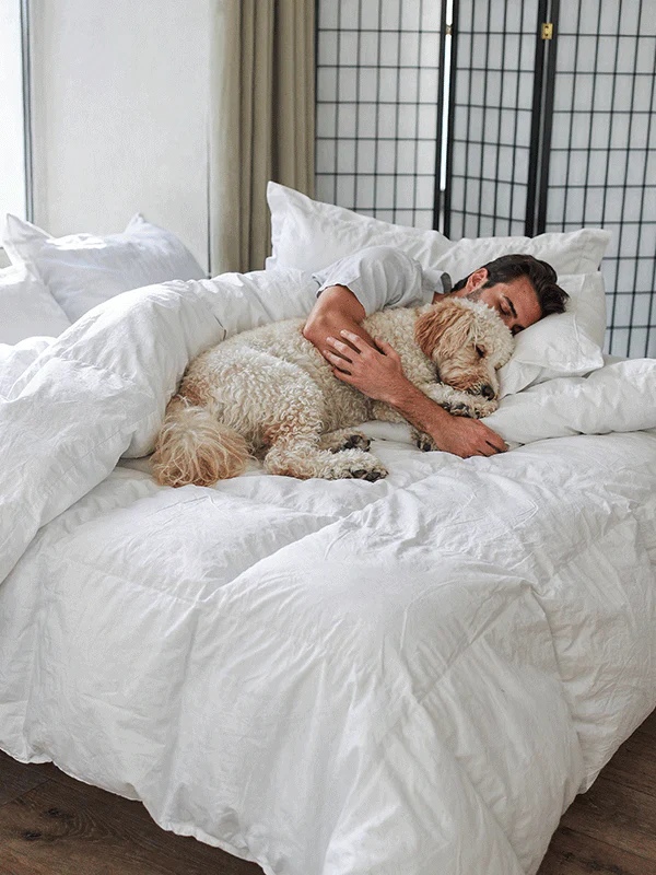 Man sleeping on a white bed while hugging a fluffy dog under soft white bedding.