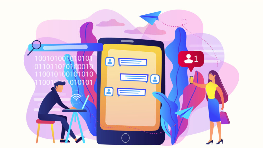 Illustration of Threads social media app showing chat conversations, user interaction, notifications, and engagement activity on a smartphone screen in 2026.