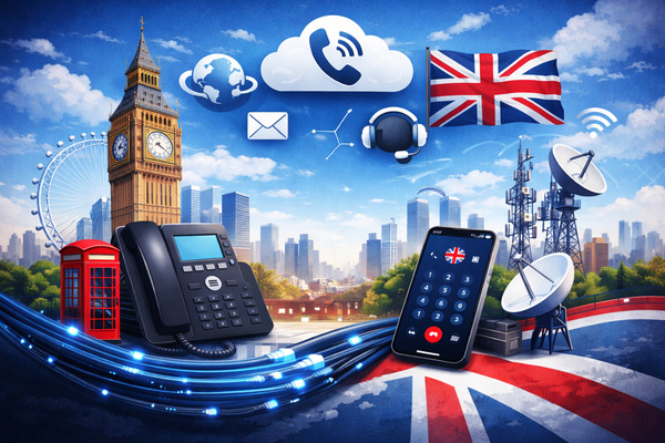 Modern VoIP services in UK concept with IP phone, smartphone, cloud calling and UK business communication background.