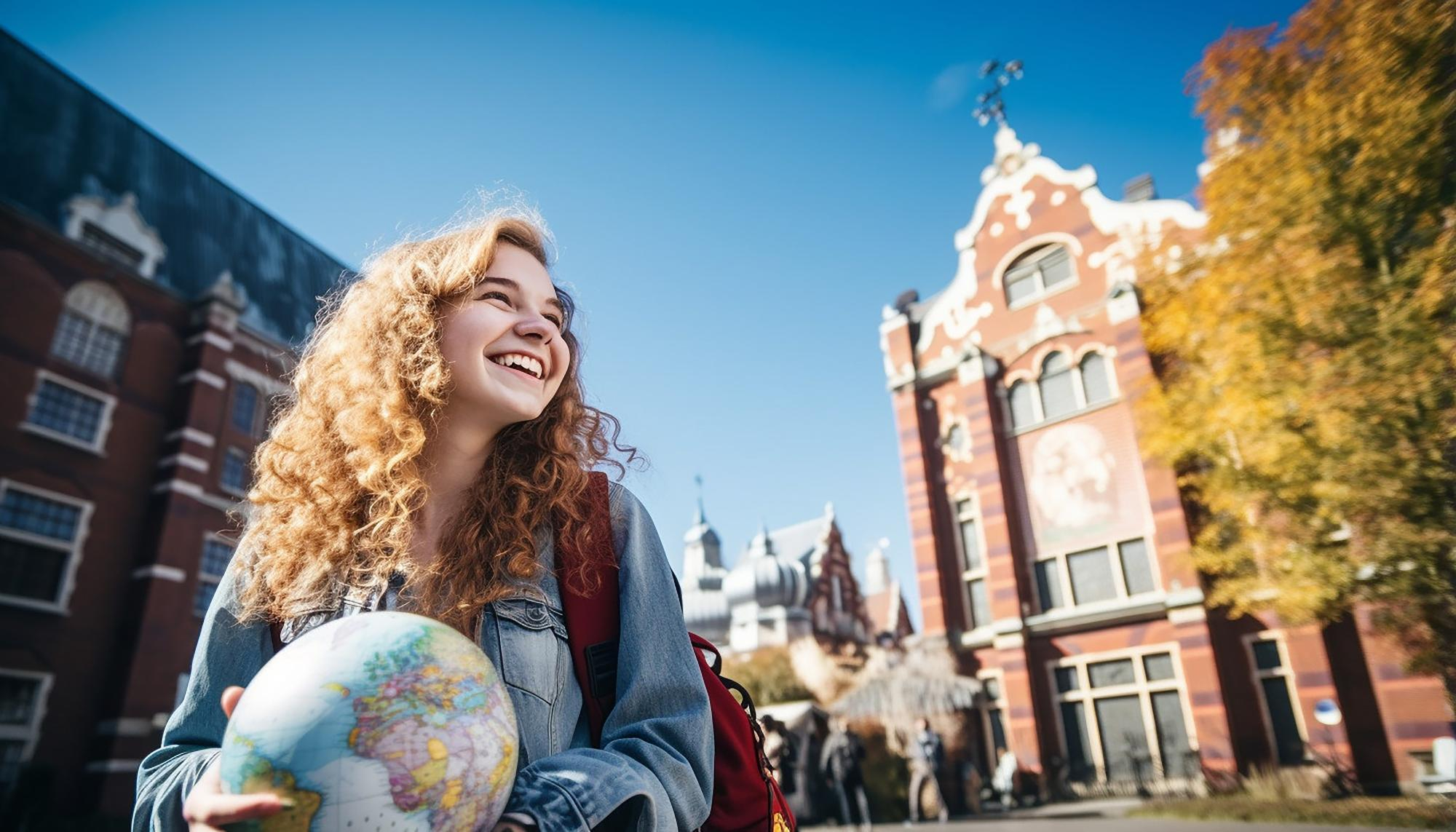 International student on a European university campus holding a globe, representing study abroad opportunities, higher education in Europe, and international student life